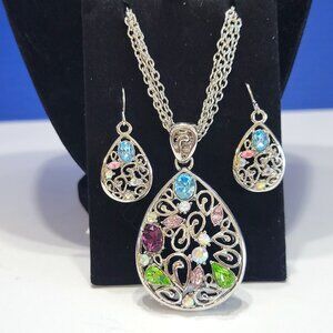 Vintage Teardrop Pendant and Earrings with Colorful Rhinestones Set
